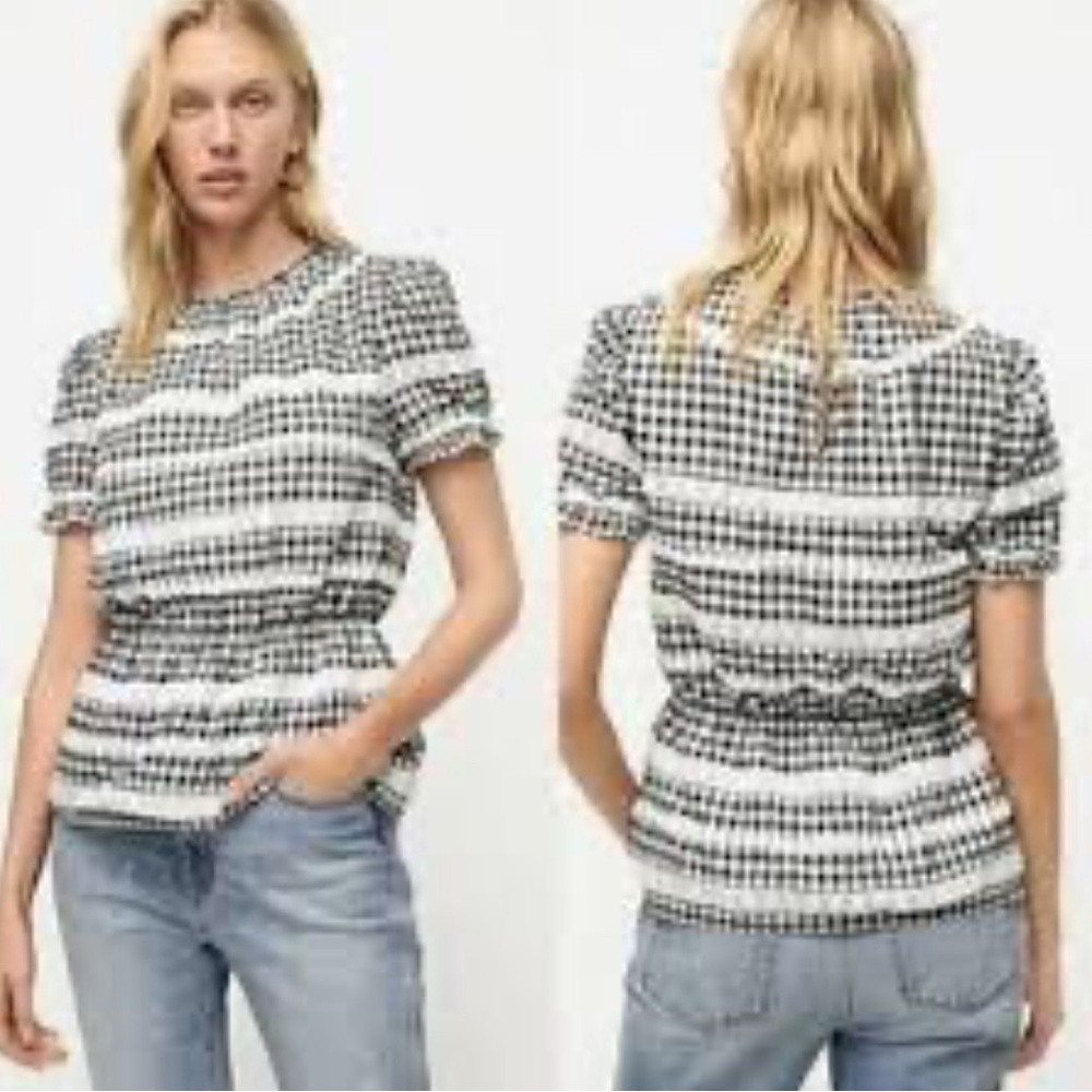 J. Crew Black and White Gingham Floral Lace Peplum Lined Blouse - Small